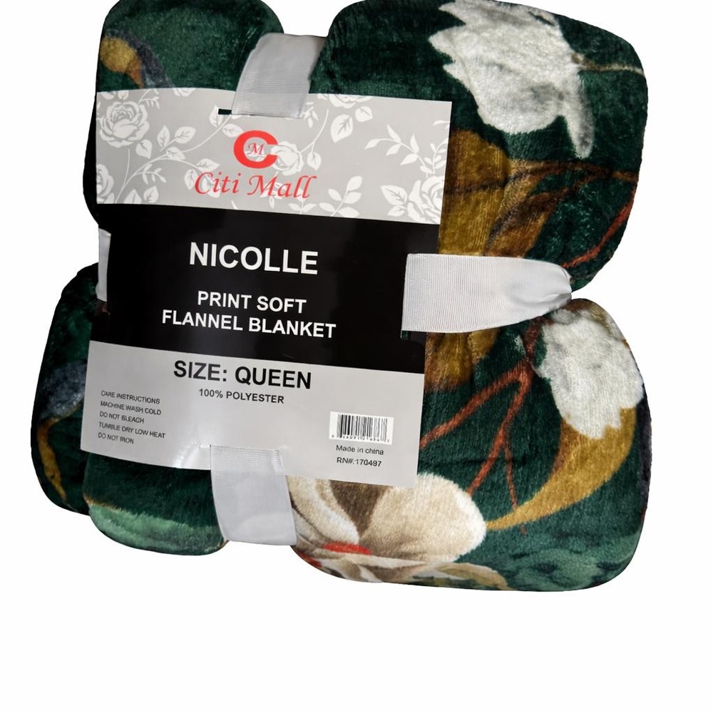 Green Floral Flannel Blanket - Queen
